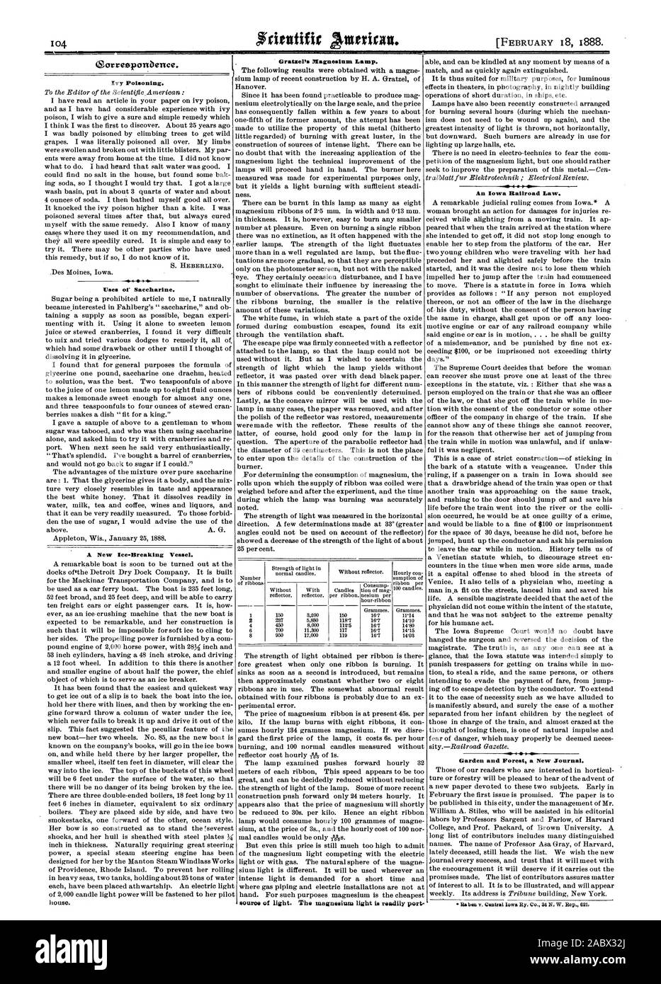 Oarreeponbence. Ivy Poisoning. Uses of Saccharine. A New Ice-Breaking Vessel. GratzePs Magnesium Lamp. 1 2 source of light The magnesium light is readily port An Iowa Railroad Law. Garden and Forest a New Journal., scientific american, 1888-02-18 Stock Photo