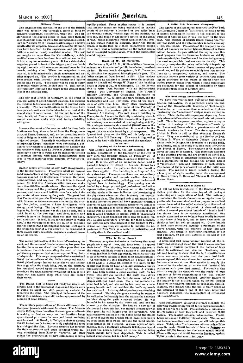 Military Notes. Death of W. Wt Corcoran. Opening of the Loomis Laboratory. Who is Never Crazy A Solid Life Insurance Company. The Technology Architectural Review. What Lard is Made of. 70808 barrels in that month last year., scientific american, 1888-03-10 Stock Photo