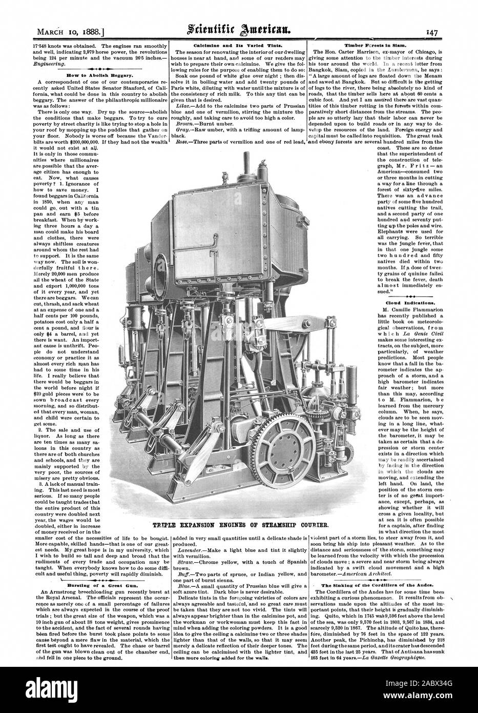 How to Abolish Beggary. Bursting of a Great Gun. Calcimine and Its Varied Tints. Timber Fcrests in Siam.  Cloud Indications. The Sinking of the Cordillera of the Andes. TRIPLE EXPANSION ENGINES OF STEAMSHIP C URIER., scientific american, 1888-03-10 Stock Photo