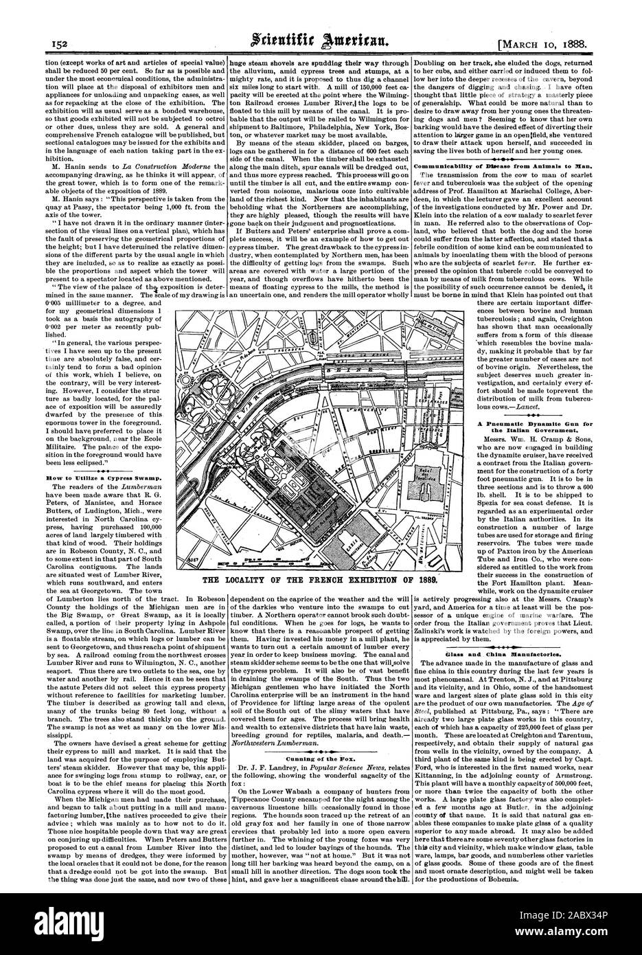 Mow to Utilize a Cypress Swamp. Cunning of the Fox. Communicability of Disease from Animals to Man. A Pneumatic Dynamite Gun for the Italian Government. Glass and China Manufactories. THE LOCALITY OF THE FRENCH EXHIBITION OF 1889., scientific american, 1888-03-10 Stock Photo