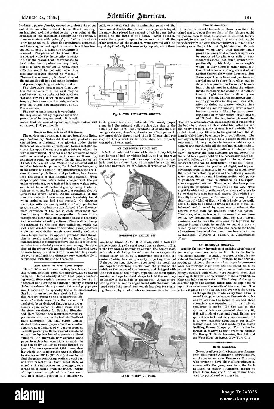 Gaseous Explosions of Platinum. The Effect of Gas upon Paper. AN IMPROVED BRIDLE BIT. MORRISSEY'S BRIDLE BIT. The Plying Mau. AN IMPROVED QUILTER. M. L. .1' 9 age Fig. 6THE PHONOPLEX CIRCUIT. DAVIS' '1888' QUILTER. Back Numbers., scientific american, 1888-03-24 Stock Photo