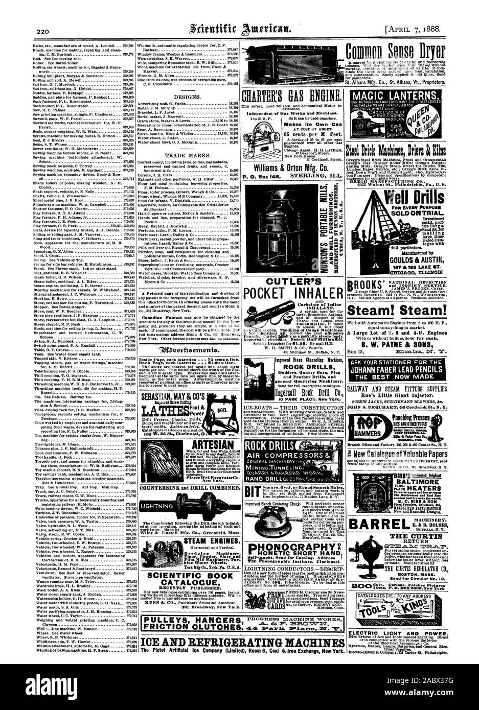 equal to anything in market. A Large Lot of 2 3 and 4-II. Engines B. W. PAYNE & SONS ASK YOUR STATIONER FOR THE JOHANN FABER LEAD PENCILS THE BEST NOW MADE RAILWAY AND STEAM FITTERS' SUPPLIES Rue's Little Giant Injector. SCREW JACKS STURTEVANT BLOWERS &C. JOHN S. URQUHART 40 Cortiandt St. N.Y. Comm Sense Doer St. Albans Mfg. Co. St. Albans Vt. Proprietors. CHARTERS GAS ENGINE. Independent of Gas Works and Machines. Makes Its Own Gas Williams & Orton Mfg. Co. ROCK DRILLS Gadder. Quarry Bars Ping and Feather Drills and general Quarrying Machinery. Ingersoll Rod Drill Co., scientific american Stock Photo