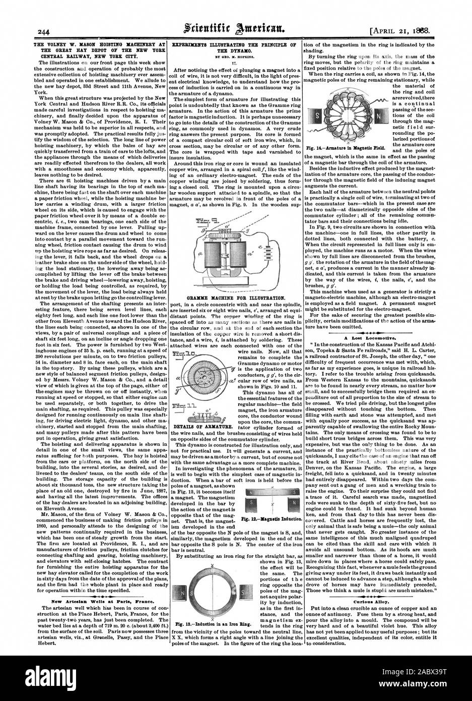 THE VOLNEY W. MASON HOISTING MACHINERY AT THE GREAT HAY DEPOT OF THE NEW YORK CENTRAL RAILWAY NEW YOKE CITY. New Artesian Wells at Paris France. EXPERIMENTS ILLUSTRATING TEE PRINCIPLE OF THE DYNAMO. BY GEO. X. HOPKINS. GRAMME MACHINE FOR ILLUSTRATION. DETAILS OF ARMATURE., scientific american, 1888-04-21 Stock Photo
