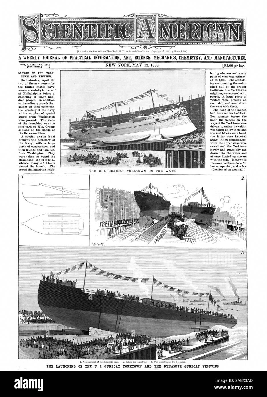 THE LAUNCHING OF THE U. S. GUNBOAT YORKTOWN AND THE DYNAMITE GUNBOAT VESUVIUS., scientific american, 1888-05-12 Stock Photo