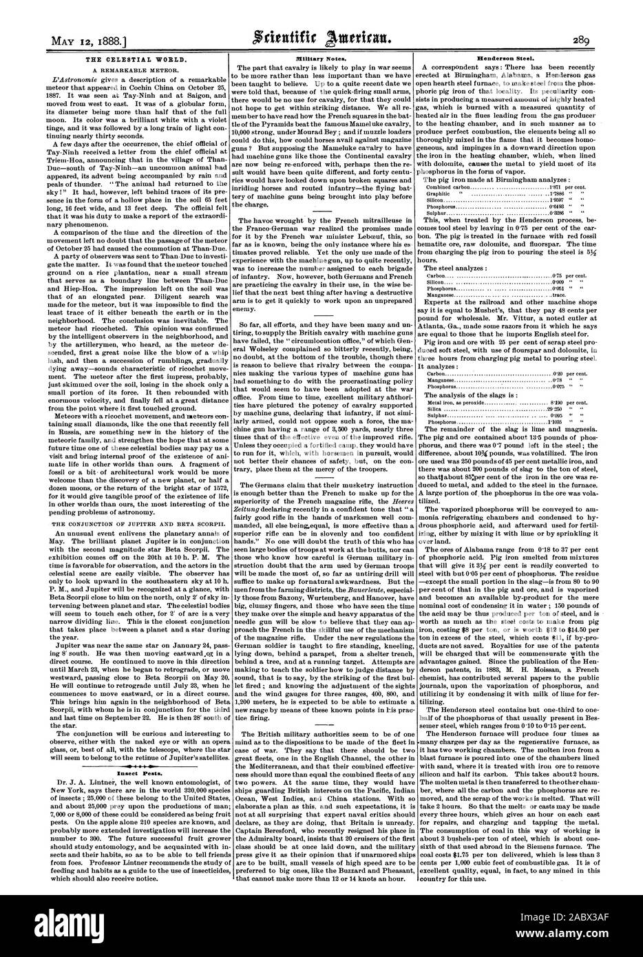 Insect Pests. Military Notes. Henderson Steel. THE CELESTIAL WORLD., scientific american, 1888-05-12 Stock Photo