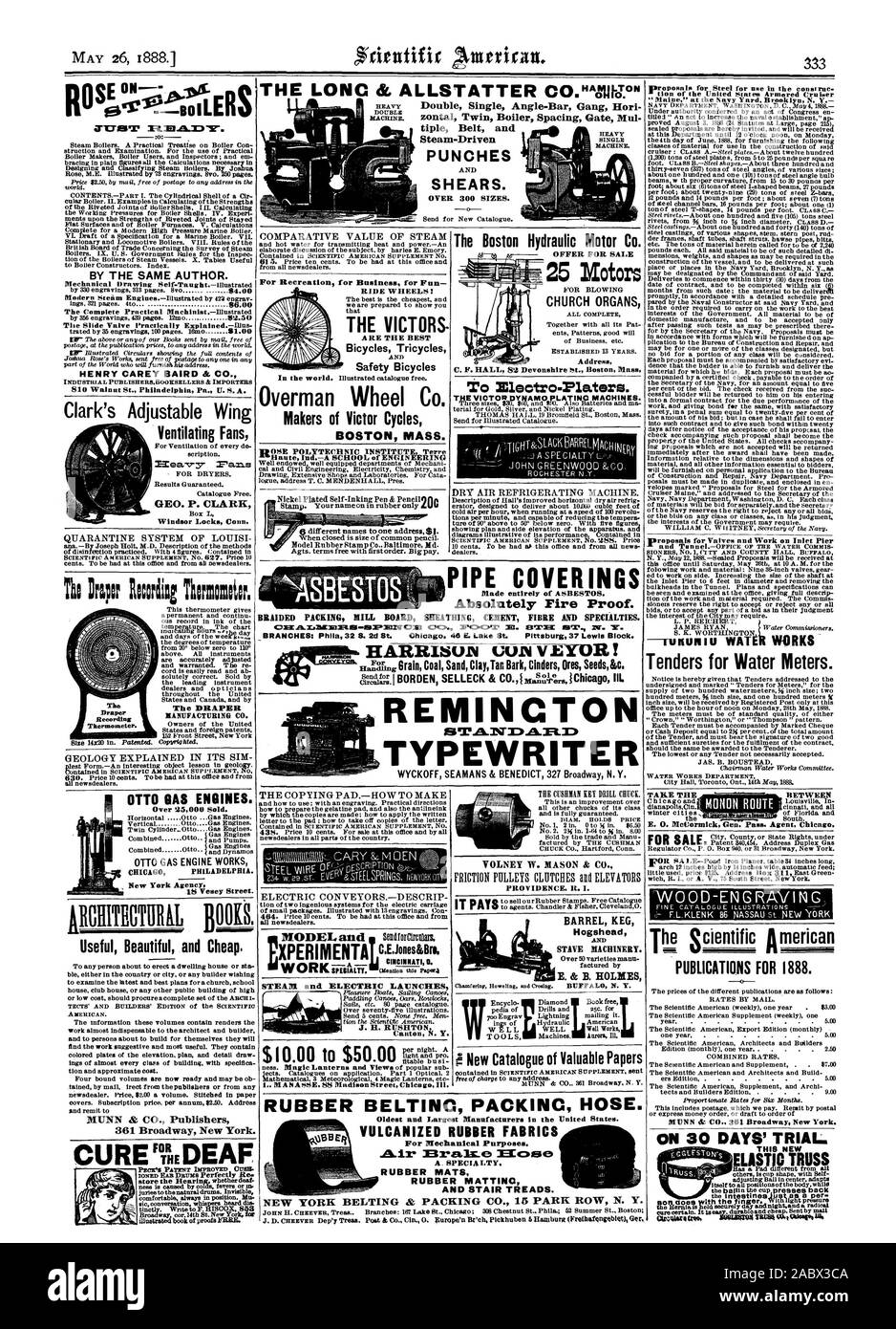 CINCINNATI O. ELECTRIC LAENCIIES Canton SS Madison Street Chicag Ill. VOLNEY W. MASON & CO. PROVIDENCE. R. I. BARREL KEG Hogshead BUFFAL N. Y. Encyclo-Diamond Book free W ELL WELL Well Works New Catalogue of Valuable Papers STEAM and RUBBER BELTINC PACKINC HOSE., scientific american, 1888-05-26 Stock Photo