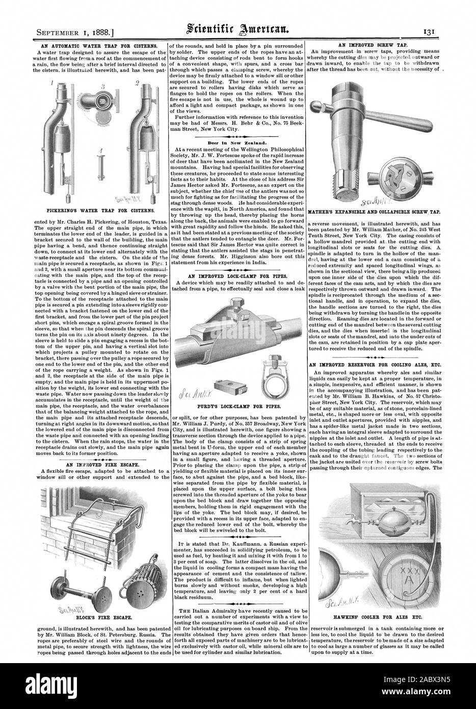 AN AUTOMATIC WATER TRAP FOR CISTERNS. PICKERING'S WATER TRAP FOR CISTERNS. AN IMPROVED FIRE ESCAPE. BLOCK'S FIRE ESCAPE. AN IMPROVED SCREW TAP. Deer in New Zealand. PURDY'S LOCK-CLAMP FOR PIPES. MATHER'S EXPANSIBLE AND COLLAPSIBLE SCREW TAP. AN IMPROVED RESERVOIR FOR COOLING ALES ETC. HAWKINS' COOLER FOR ALES ETC., scientific american, 1888-09-01 Stock Photo