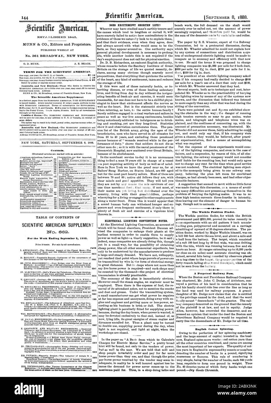 Week Ending September 8 1888. PAGE maximum paid for. Thus in a shop doing lathe and The Watkin Position Finder. A Perpetual Railway Pass.  English Cotton Spinning., scientific american, 1888-09-08 Stock Photo