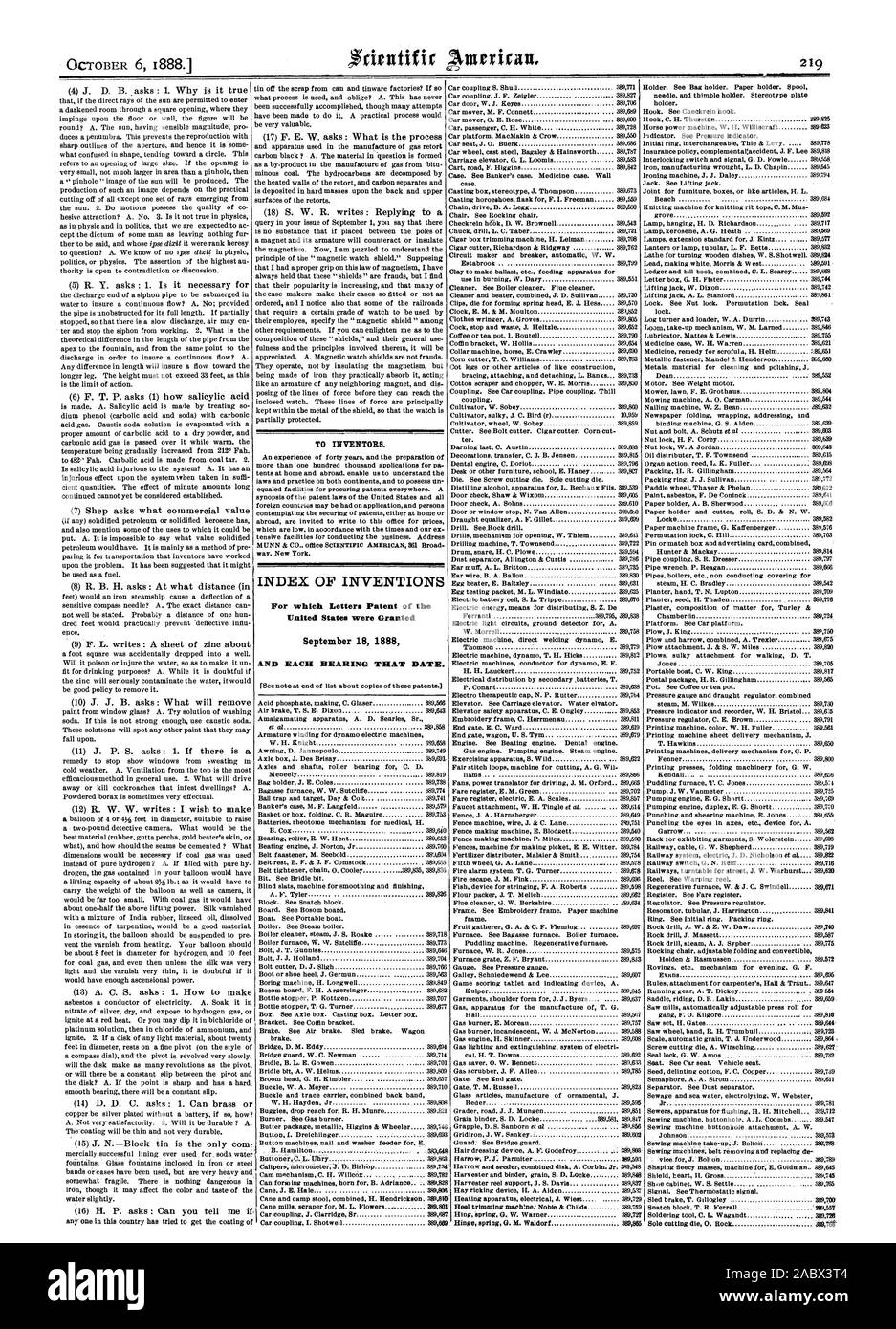 TO INVENTORS. INDEX OF INVENTIONS For which Letters Patent of the United States were Granted September 18 1888 AND EACH BEARING THAT DATE., scientific american, 1888-10-06 Stock Photo
