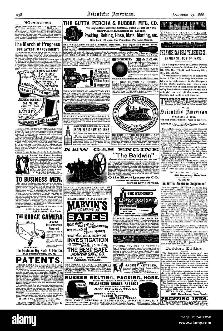 THE GUTTA PERCHA & RUBBER MFG. CO. 1$31313. Packing Belting Hose Mats Matting etc. 90vertieentenfe. The March of Progress! OUR LATEST IMPROVEMENT! $ 3 SHOE AND ERFECTION JAMES MEANS $4 SHOE —&gt;. T SATI S FY FASTIDIV TO BUSINESS MEN. The Eastman Dry Plate & Film Co. PATENTS. MUNN & CO. Solicitors of Patents KEUFFEL & ESSER NewYorlr INDELIBLE DRAWING INKS. TIM AM:RICAN LL:P01: C T cientifir Aintrican 4. ESTA BLISIILD 1846. Only 83.00 a Yen r including Postage. Weekly. Mast Write for particulars. 301 Broadway New York. Scientific American Supplement. MUNN & Co. 361 Broadway N. Y. MUNN & CO Stock Photo