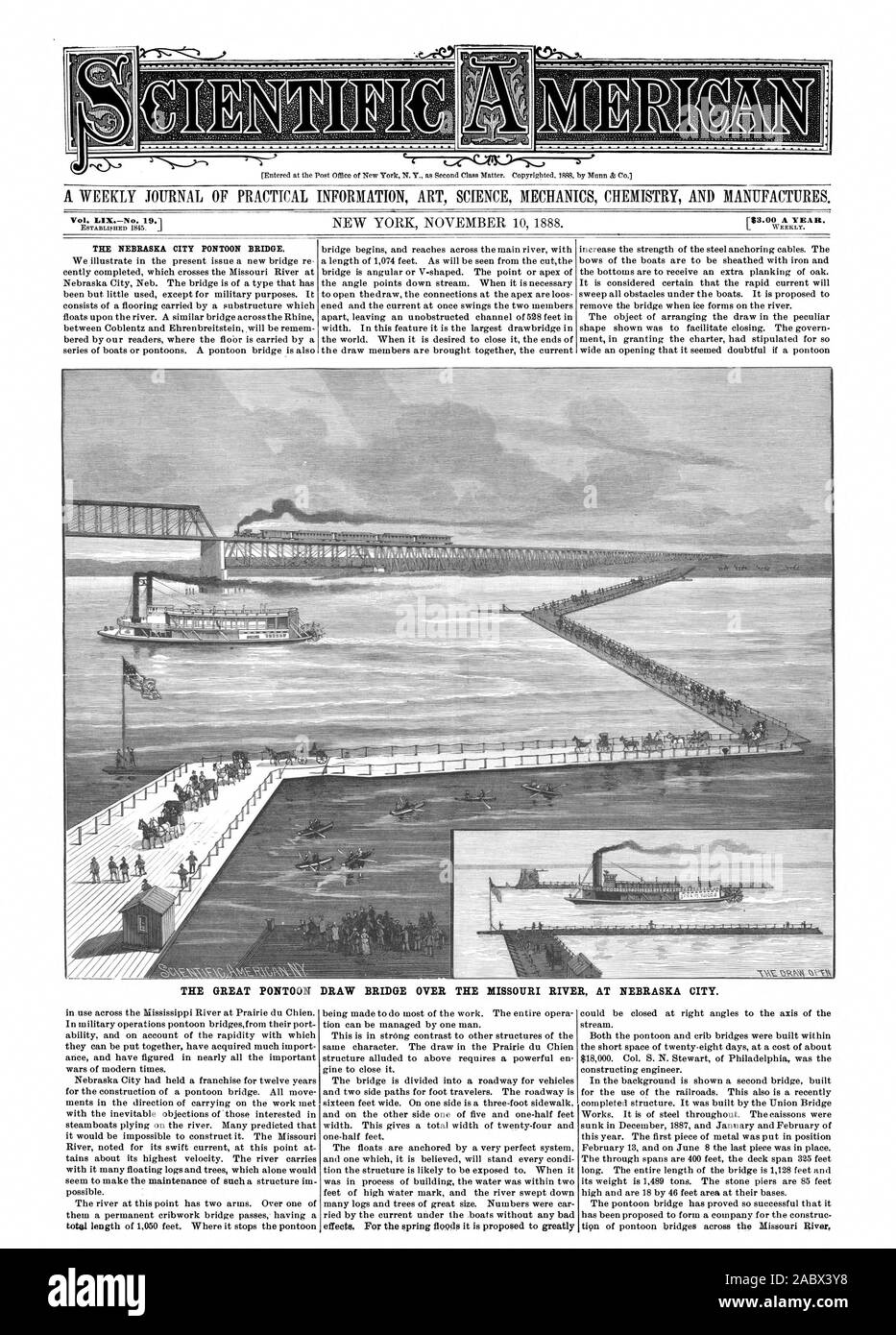 The through spans are 400 feet the deck span 325 feet long. The entire length of the bridge is 1128 feet and its weight is 1489 tons. The stone piers are 85 feet The pontoon bridge has proved so successful that it has been proposed to form a company for the construc-, scientific american, 1888-11-10 Stock Photo
