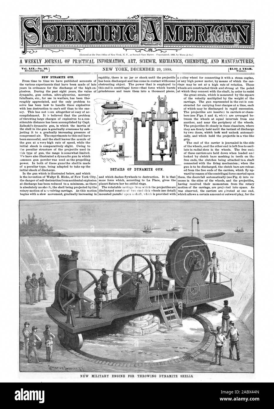 A NEW DYNAMITE GUN. DETAILS OF DYNAMITE GUN. NEW MILITARY ENGINE FOR THROWING DYNAMITE SHELLS, scientific american, 1888-12-29 Stock Photo