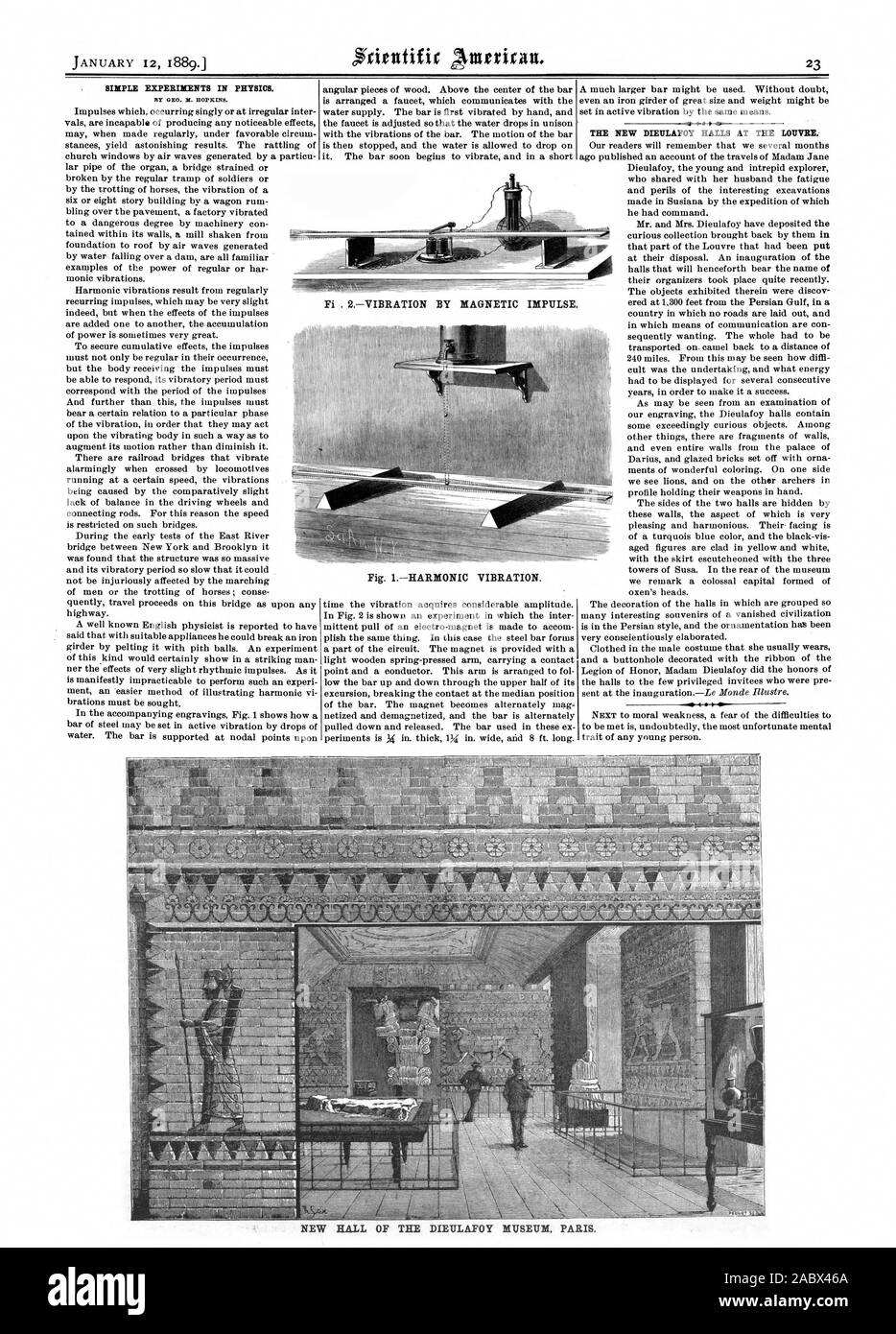 SIMPLE EXPERIMENTS IN PHYSICS. Fi 2VIBRATION BY MAGNETIC IMPULSE. Fig. 1HARMONIC VIBRATION. THE NEW DIEULAPOY HALLS AT THE LOUVRE.  PEllkOT NEW HALL OF THE DIEULAFOY MUSEUM PARIS.  1889 SCIENTIFIC AMERICAN INC., 1889-01-12 Stock Photo