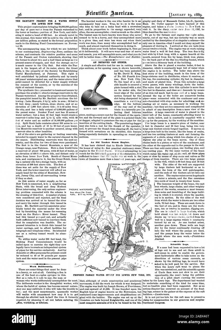 FOR LOWER NEW YORK. Work Deliberately. AN IMPROVED CAN OPENER. 4 Scientific Logo. ETC., scientific american, 1889-01-19 Stock Photo