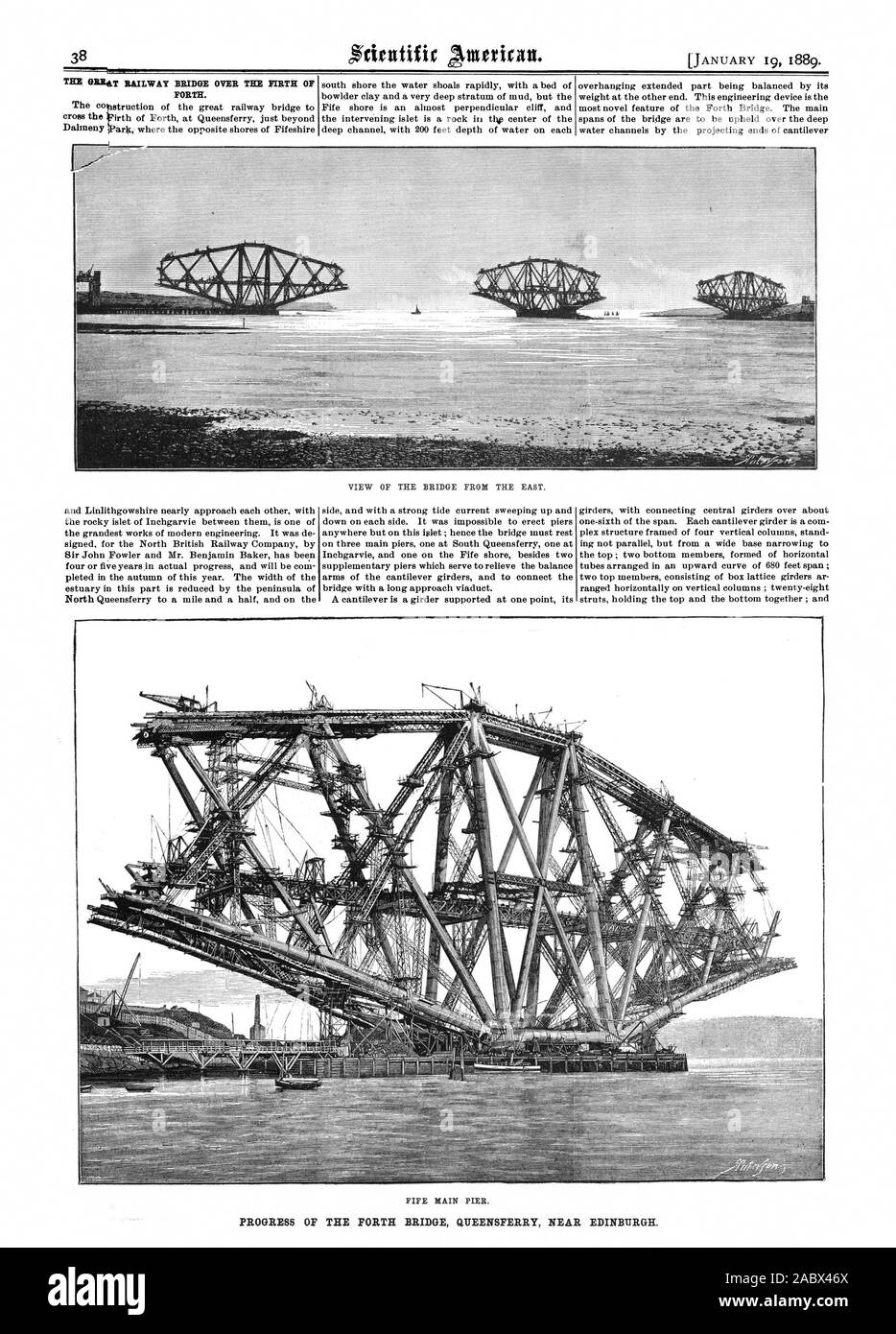 THE GREAT RAILWAY BRIDGE OVER THE FIRTH OF FORTH. The co struction of the great railway bridge to cross the irth of Forth at Queensferry just beyond south shore the water shoals rapidly with a bed of bowlder clay and a very deep stratum of mud but the Fife shore is an almost perpendicular cliff and the intervening islet is a rock ill the center of the deep channel with 200 feet depth of water on each overhanging extended part being balanced by its weight at the other end. This engineering device is the most novel feature of the Forth Bridge. The main spans of the bridge are to be upheld over Stock Photo