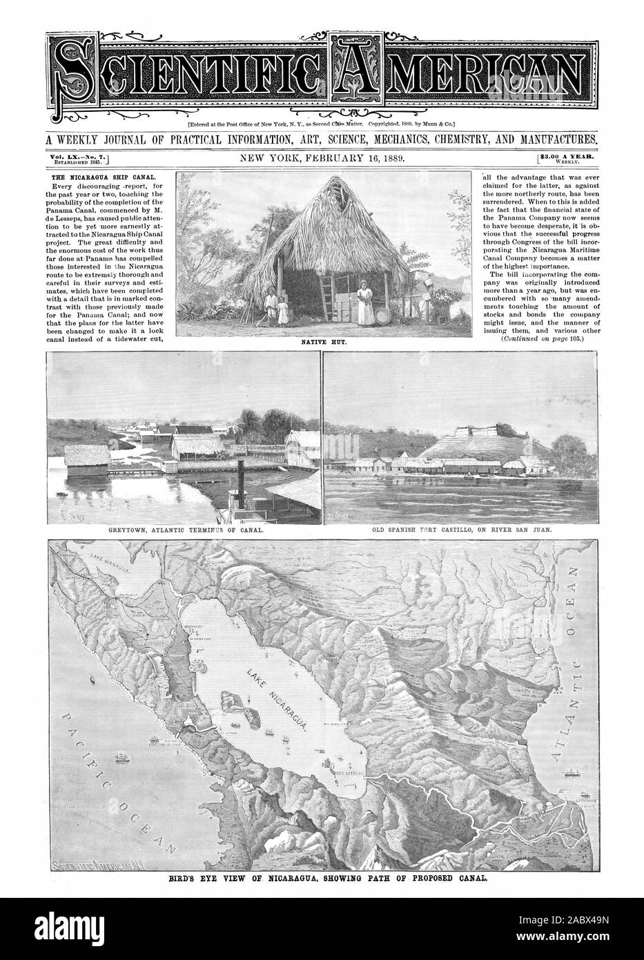 GREYTOWN ATLANTIC TERMINUS OF CANAL. OLD SPANISH FORT CASTILL ON RIVER SAN JUAN. BIRD'S EYE VIEW OF NICARAGUA SHOWING PIITH OF PROPOSED CANAL THE NICARAGUA SHIP CANAL., scientific american, 1889-02-16 Stock Photo