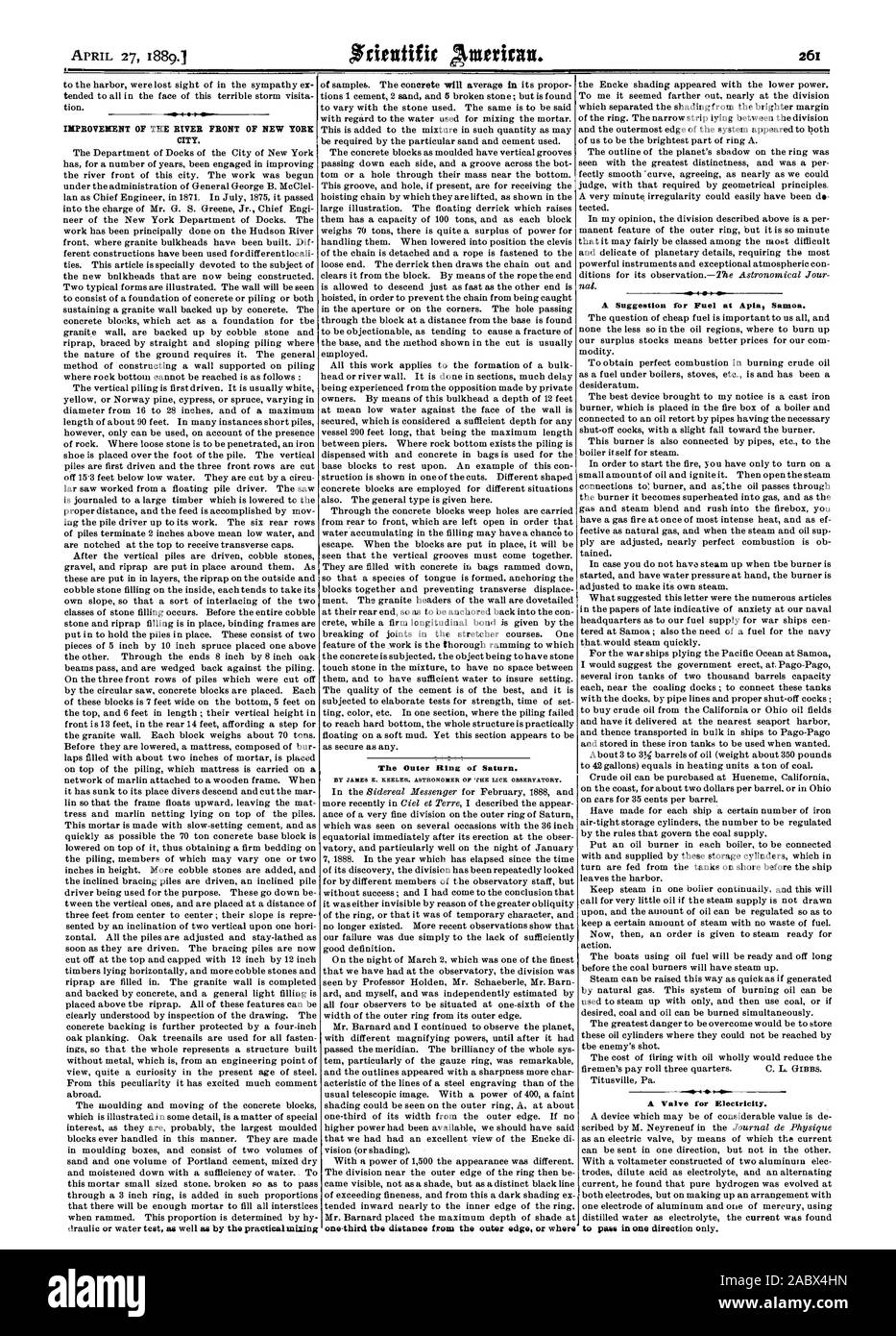 APRIL 27 1889.1 The Outer Ring of Saturn. BY JAMES E. REELER. ASTRONOMER OBSERVATORY. A Suggestion for Fuel at Apia Samoa.  I is A Valve for Electricity. to pass in one direction only., scientific american, 1889-04-27 Stock Photo