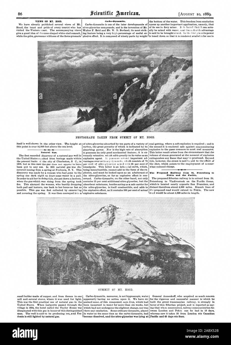 VIEWS ON MT. HOOD. Carbo-Dynamite. PHOTOGRAPH TAKEN FROM SUMMIT OF MT. HOOD. Natural Gas. The Proposed Railway from St. Petersburg t Pekin and the Pacific. SUMMIT OF MT. HOOD., scientific american, 1889-08-10 Stock Photo