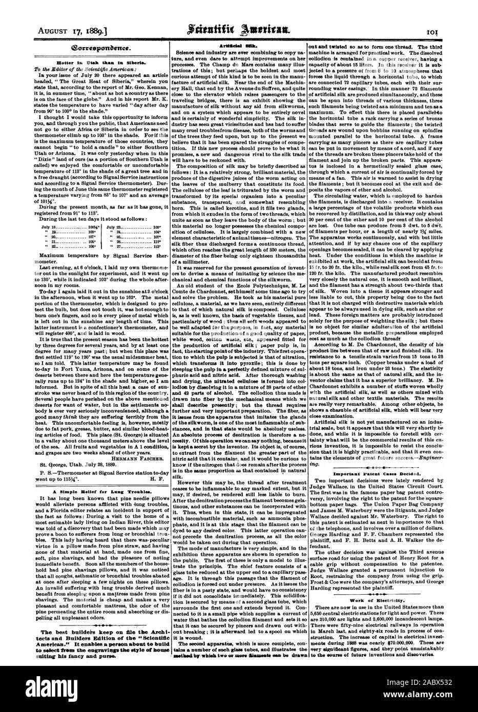 The third Important Patent Cases Decided. Work of Electricity. to the saunas of future inventions and discoveries. Oorresponbence. Hotter in Utah than in Siberia. A Simple Relief for Lung Troubles. The best builders keep on file the Archi tects and Builders Edition of the 'Scientific American.' It enables a person about to build to select from the engravings the style of house suiting his fancy and purse., 1889-08-17 Stock Photo