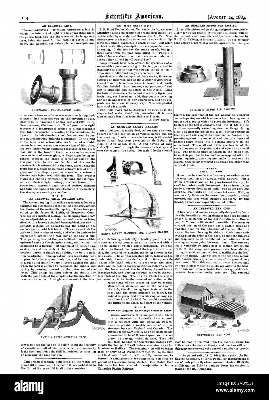 AN IMPROVED LENS. AN IMPROVED THILL COUPLING JACK. The Morn Snake Myth. VW I  AN IMPROVED SAFETY HARNESS. How the English Encourage Steamer Lines. AN IMPROVED PISTON ROD PACKING. Useful if True. AN IMPROVED HEN COOP., scientific american, 1889-08-24 Stock Photo