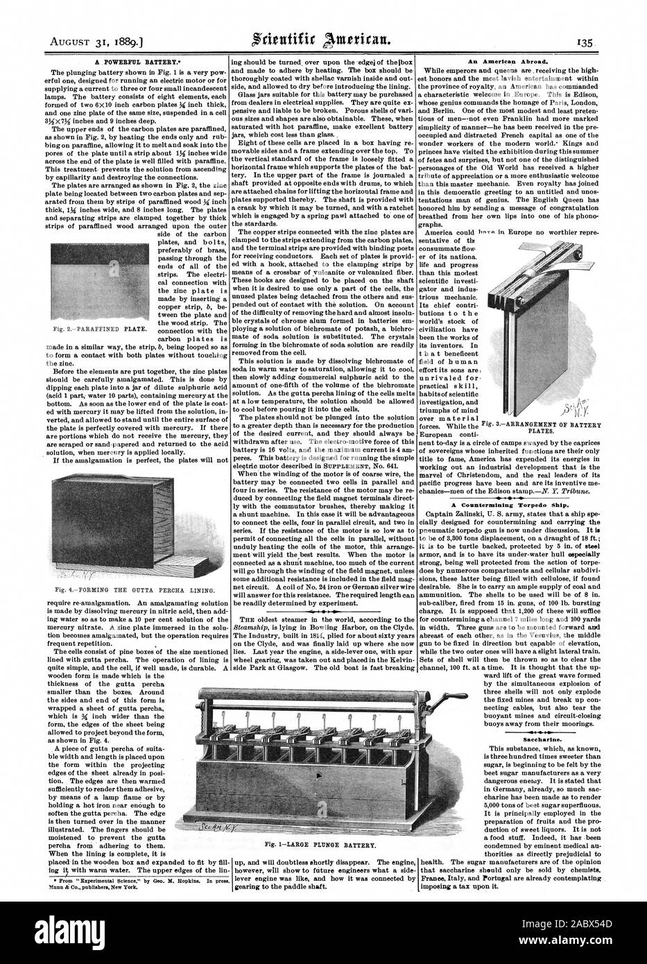 A POWERFUL BATTERY. 46- An American Abroad. A Countermining Torpedo Ship. Saccharine., scientific american, 1889-08-31 Stock Photo