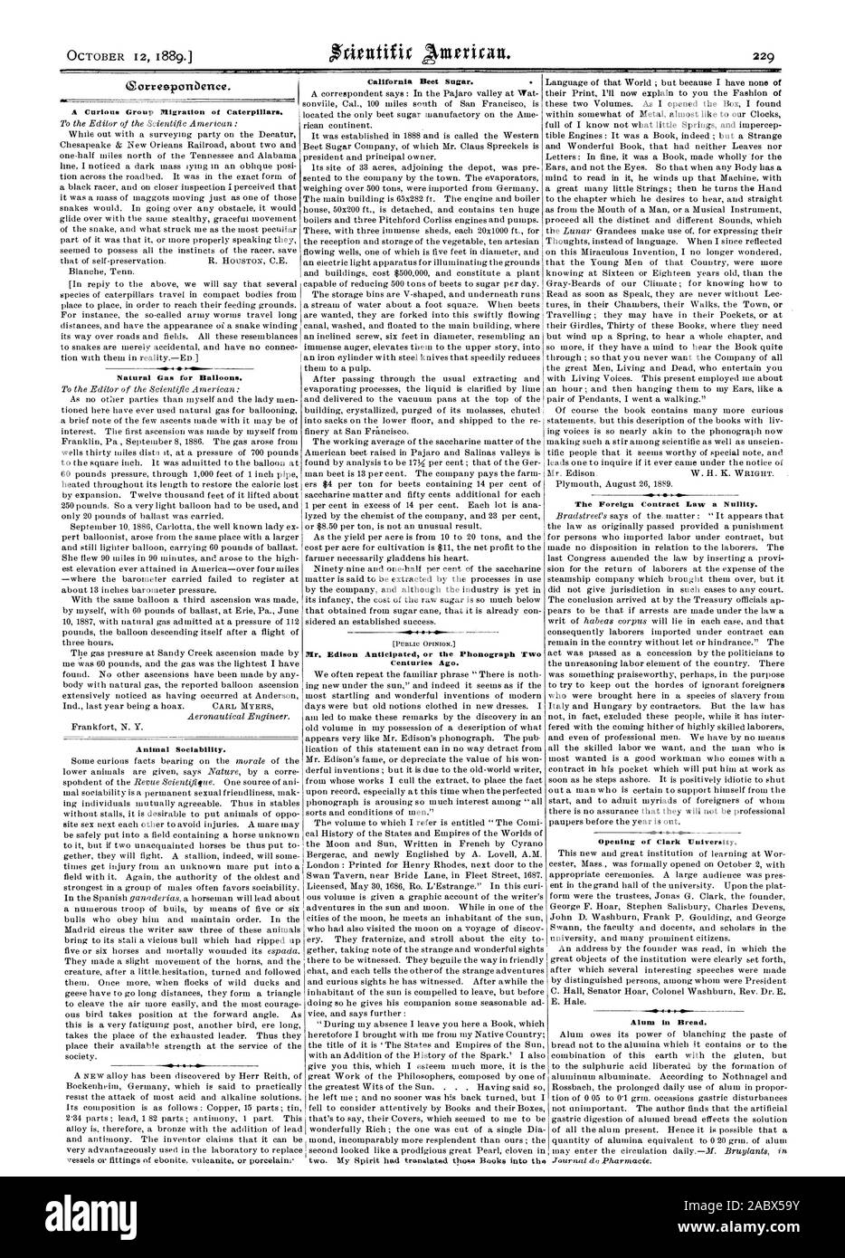 Animal Sociability. California Beet Sugar. Mr Edison Anticipated or the Phonograph Tw Centuries Ago. The Foreign Contract Law a Nullity. Opening of Clark University. Alum in Bread. Olorresponbence. A Curious Group Migration of Caterpillars. Natural Gas for Balloons., scientific american, 1889-10-12 Stock Photo