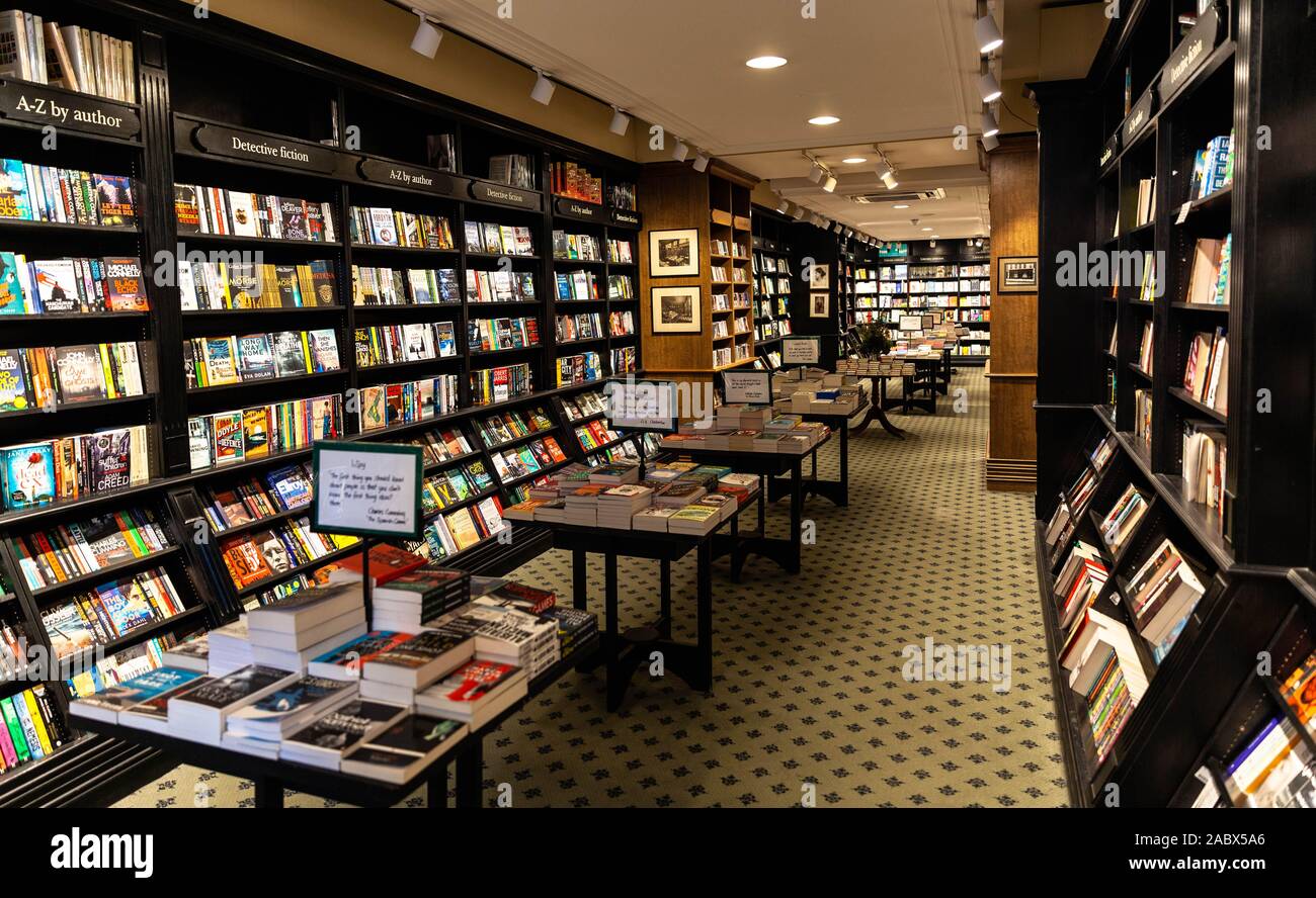 Shelves packed with books, Hatchards bookshop, London, England, UK. Stock Photo