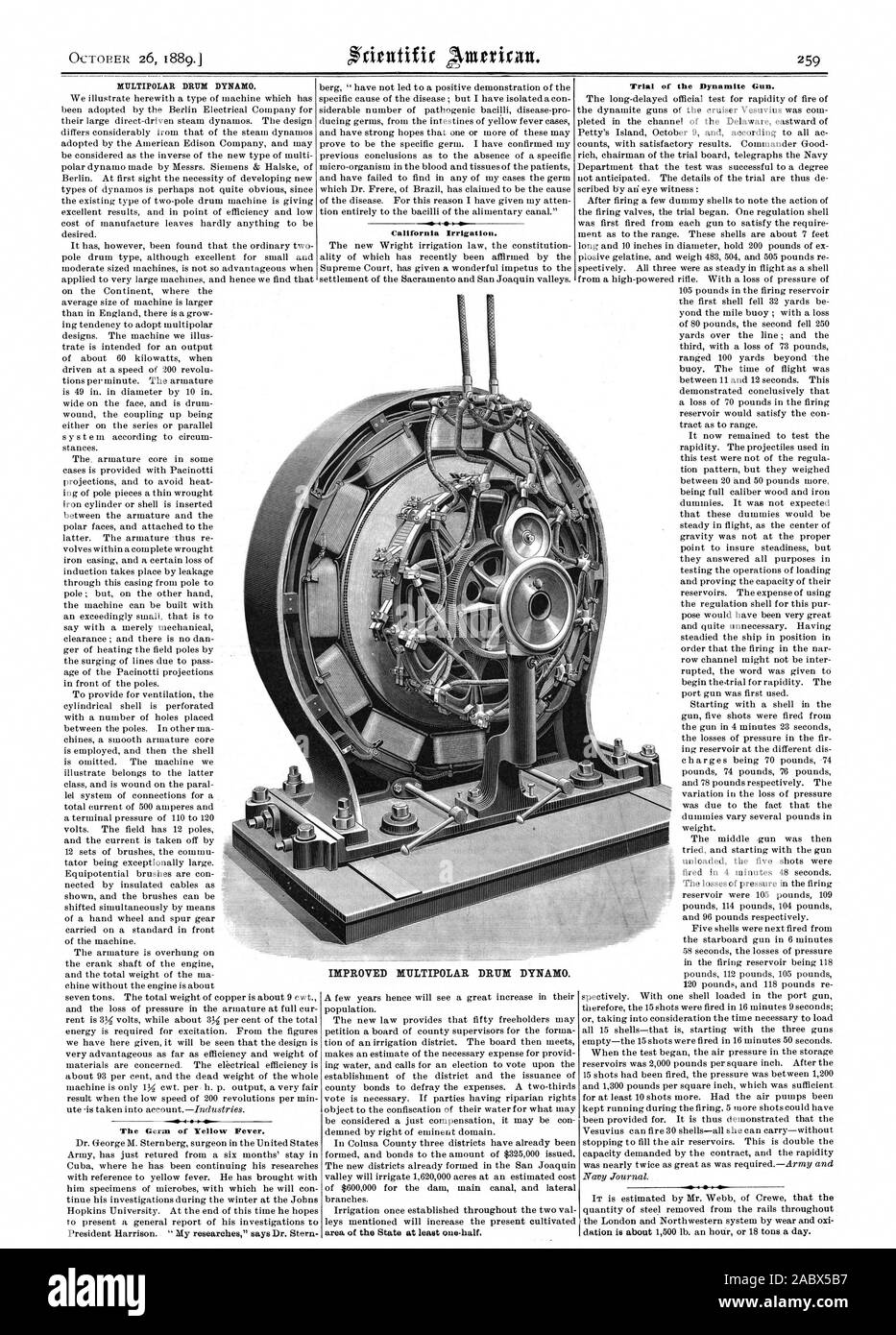 OCTOBER 26 1889. MULTIPOLAR DRUM DYNAMO. 4 The Germ of Yellow Fever. California Irrigation. Trial of the Dynamite Gun. IMPROVED MULTIPOLAR DRUM DYNAMO., scientific american, 1889-10-26 Stock Photo