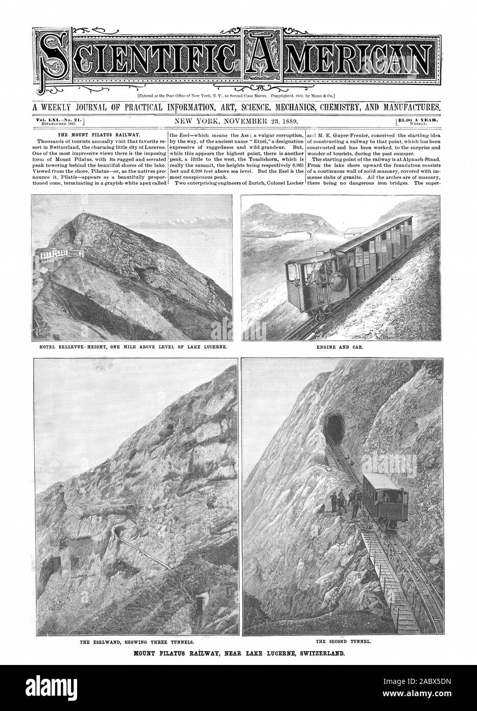 Entered at the Post Office of New York N. Y. as second Class Matter. Copyrighted. 1889. by Munn & Co. THE MOUNT PILATUS RAILWAY. MOUNT PILATUS RAILWAY NEAR LAKE LUCERNE SWITZERLAND., scientific american, 1889-11-23 Stock Photo