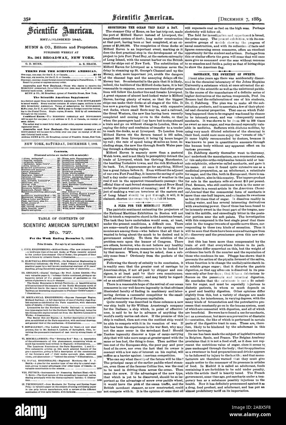 Week Ending December 7 1889. A PLEA na THE MERCHANT FLEET. SACCHARIN THE SWEETEST OF SWEETS., scientific american, 1889-12-07 Stock Photo