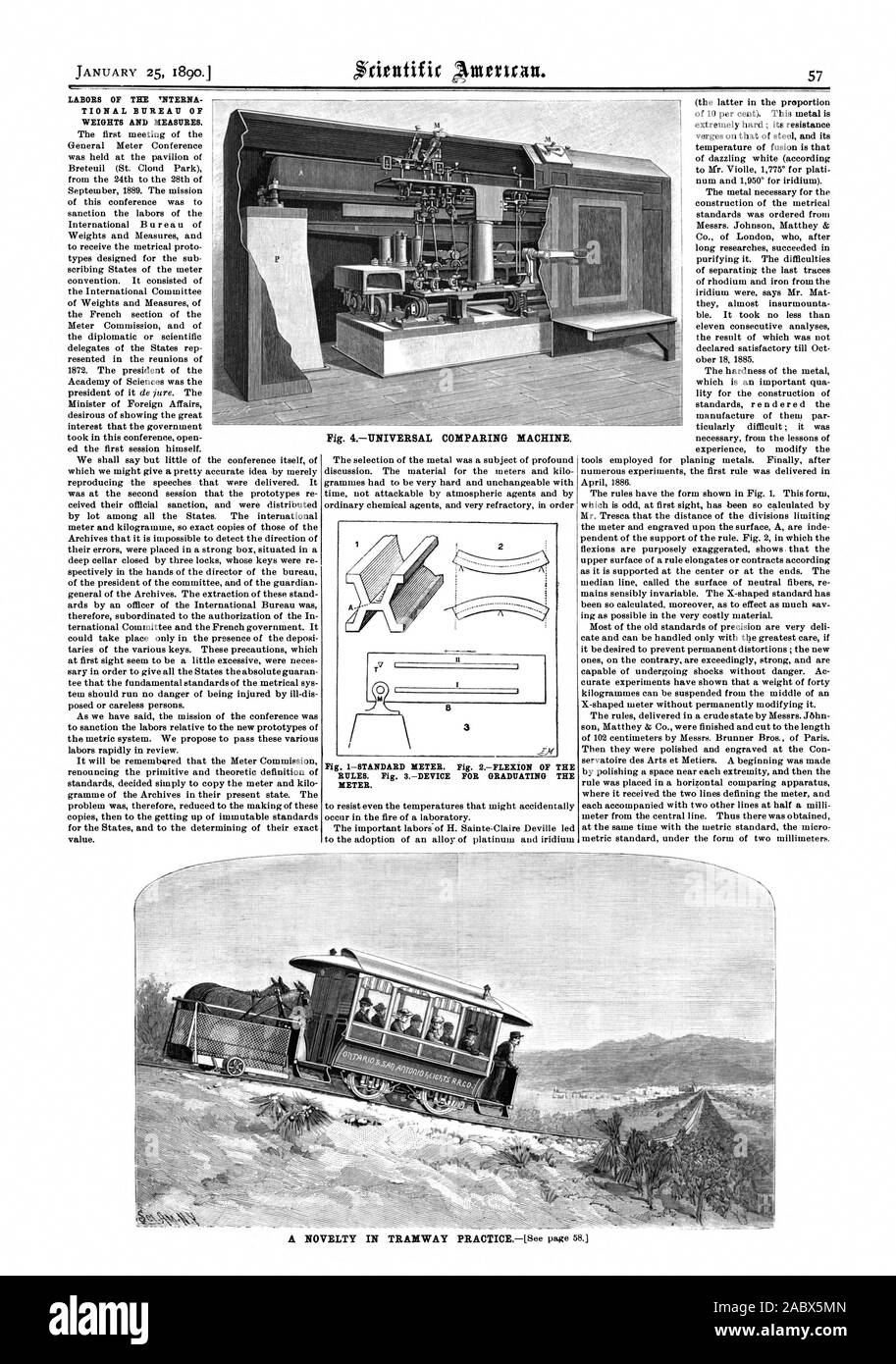 LABORS OF THE 9ITERNA TIONAL BUREAU OF WEIGHTS AND MEASURES. Fig. 1—STANDARD METER. Fig. 2FLEXION OF THE RULES. Fig. 3DEVICE FOR GRADUATING THE DIETER., scientific american, 1890-01-25 Stock Photo