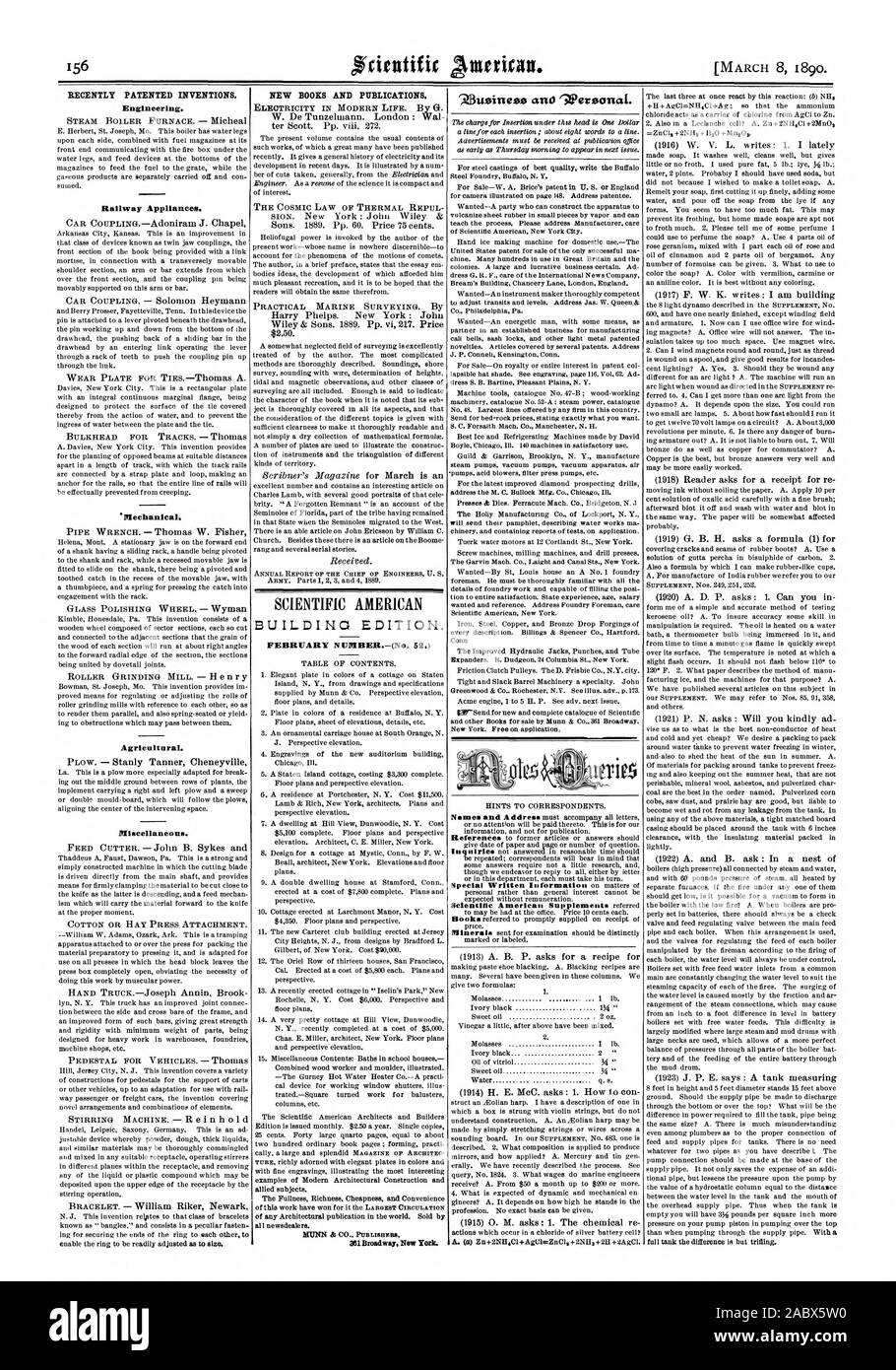 Engineering. Railway Appliances. Mechanical. Agricultural. Miscellaneous. NEW BOOKS AND PUBLICATIONS. BUILDING EDITION. FEBRUARY NUMBER.-(No. 52.) 861Broadway New York., scientific american, 1890-03-11 Stock Photo