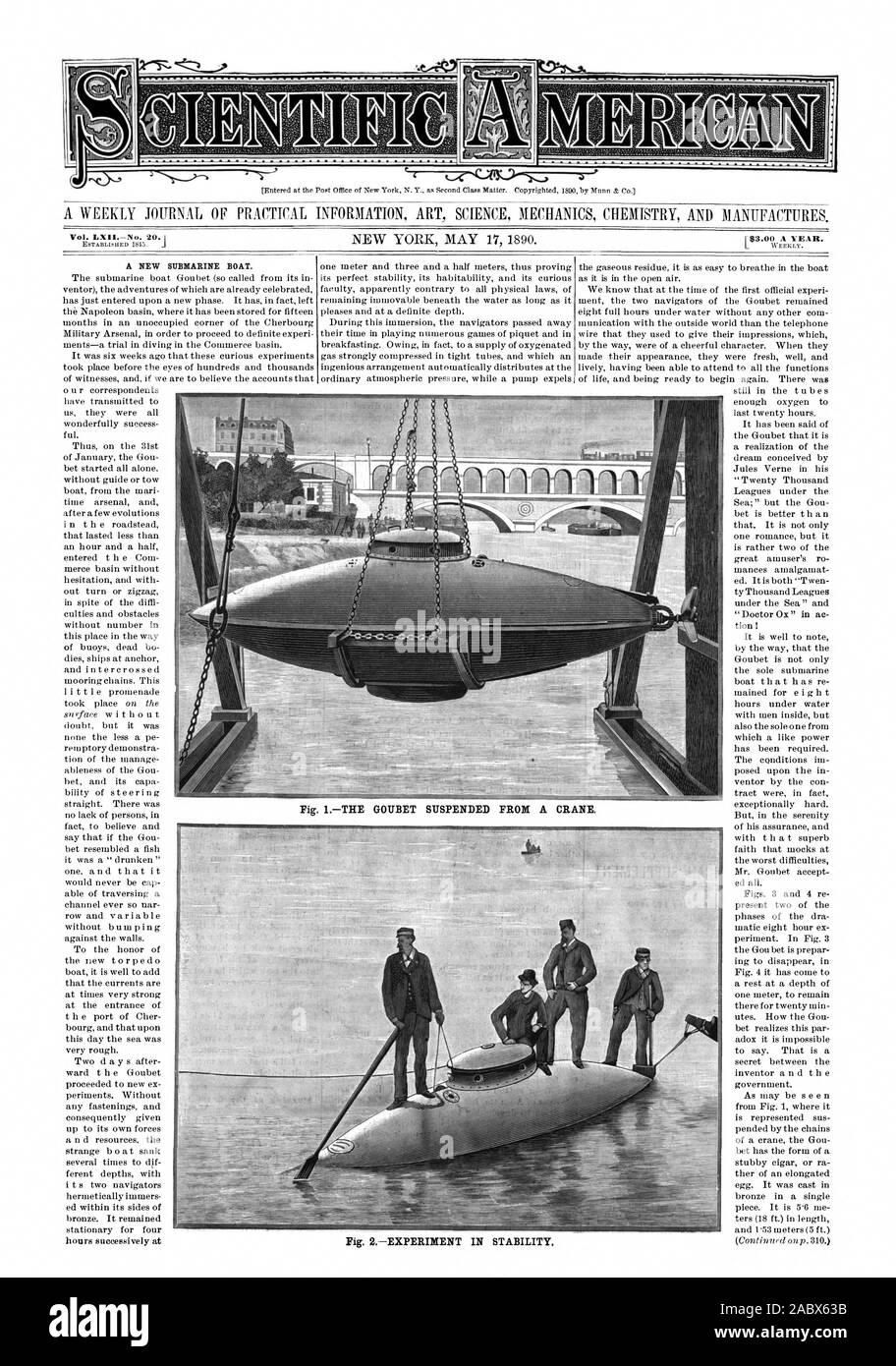 A NEW SUBMARINE BOAT. Fig. ITHE GOUBET SUSPENDED FROM A CRANE. Fig. 2EXPERIMENT IN STABILITY, scientific american, 1890-05-17 Stock Photo