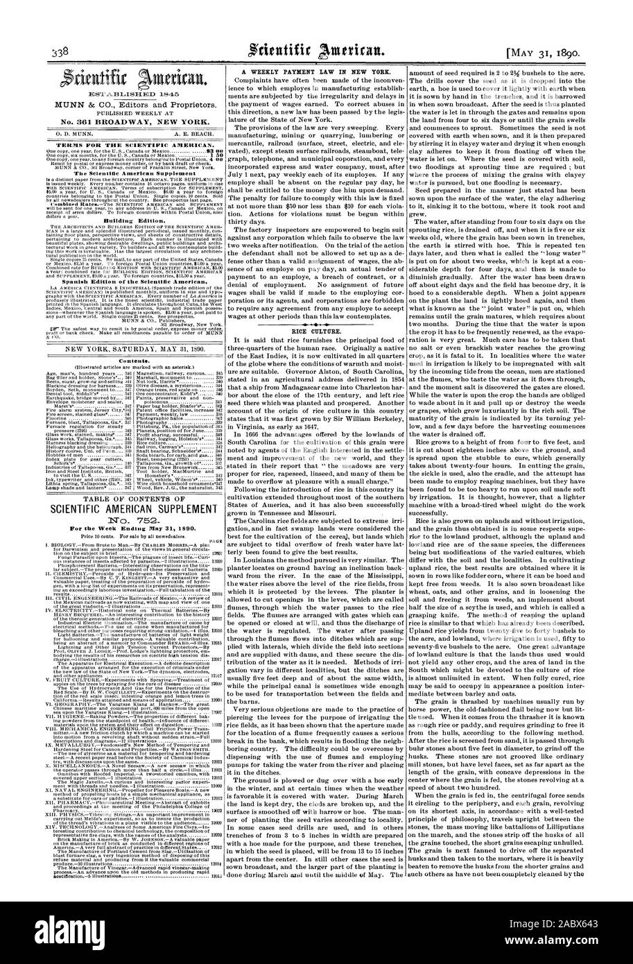 1845 No. 361 BROADWAY NEW YORK. TERMS FOR THE SCIENTIFIC AMERICAN. The Scientific American Supplement Building Edition. Contents. SCIENTIFIC AMERICAN SUPPLEMENT Price 10 cents. For sale by all newsdealere. PAGE A WEEKLY PAYMENT LAW IN NEW YORK. RICE CULT URE., 1890-05-31 Stock Photo