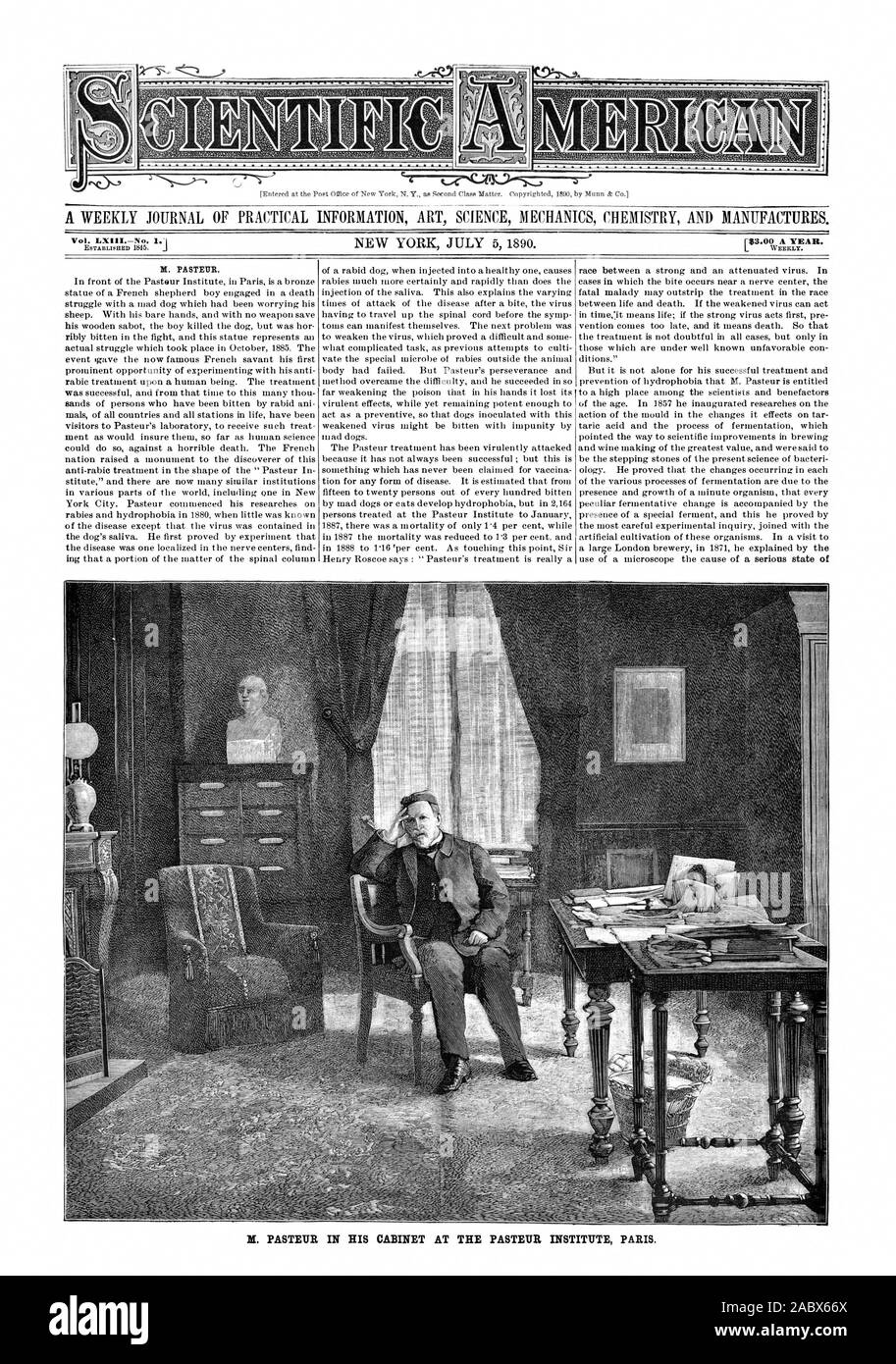 PASTEUR IN HIS CABINET AT THE PASTEUR INSTITUTE PARIS., scientific american, 1890-07-05 Stock Photo