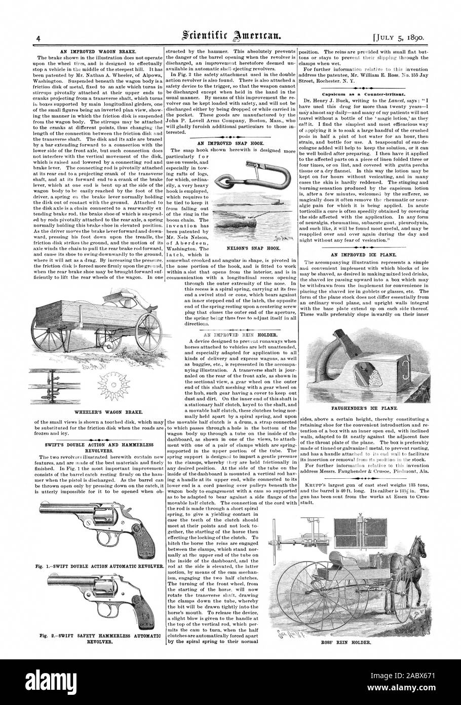 AN IMPROVED WAGON BRAKE. SWIFT'S DOUBLE ACTION AND HAMMERLESS REVOLVERS. REVOLVER. AN IMPROVED SNAP HOOK. AN IMPROVED REIN HOLDER. Capsicum as a Counter-irritant. AN IMPROVED ICE PLANE. NELSON'S SNAP HOOK. WHEELER'S WAGON BRAKE. FAUGHENDEWS HM PLANE ROSS' REIN HOLDER., scientific american, 1890-07-05 Stock Photo