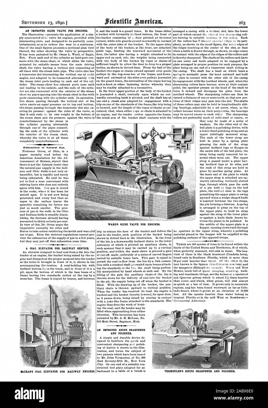 AN IMPROVED SLIDE VALVE FOR ENGINES. Exhaustion of Natural Gas. 4 tiw A COAL ELEVATOR FOR RAILWAY SERVICE. bioLEAN'S COAL ELEVATOR FOR RAILWAY ENGINES. AN IMPROVED KNIFE SHARPENER AND POLISHER. WARD'S SLIDE VALVE FOR ENGINES. VERBIEDLEN'S KNIFE SHARPENER AND POLISHER., scientific american, 90-09-13 Stock Photo