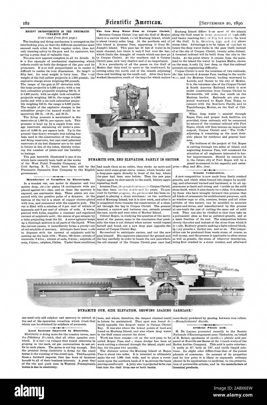 RECENT IMPROVEMENTS IN THE PNEUMATIC DYNAMITE GUN Manufacture of Vermilion by Electrolysis. The New Deep Water Pass at Corpus Christi. Granite Composition. DYNAMITE GUN END ELEVATION PARTLY IN SECTION. Local Interests Improved by Electricity. Artificial Phenic Acid., scientific american, 1890-09-20 Stock Photo