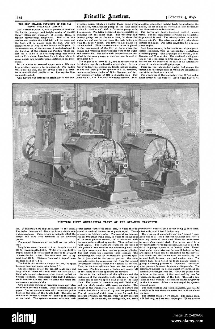 THE NEW STEAMER PLYMOUTH OF THE OLD COLONY STEAMBOAT COMPANY. ELECTRIC LIGHT GENERATING PLANT OF THE STEAMER PLYMOUTH. of the hold. The systems connect with one main crosshead. As the cranks connecting rods etc. reach, scientific american, 1890-10-04 Stock Photo