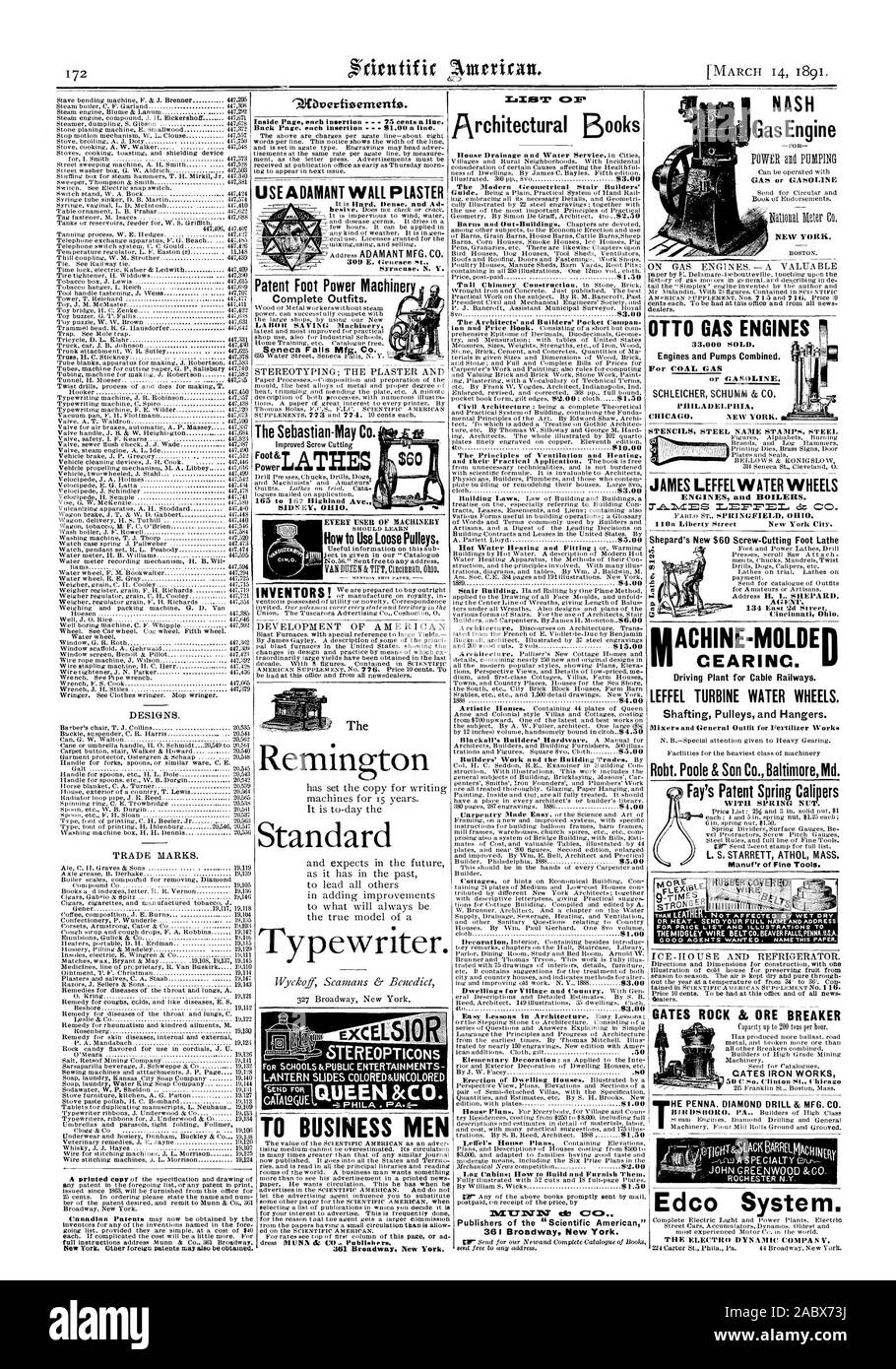 USE ADAMANT WALL PLASTER The Remington Standard Typewriter. TO BUSINESS MEN C:0M ' rchitectural Books The Modern Geometrical Stair Builders' The Architects' and Builders' Pocket Compan The Principles of Ventilation and Heating Log Cabins; How to Build and Furnish Them. LEFFEL TURBINE WATER WHEELS. Shafting Pulleys and Hangers. Mixers and General Outfit for Fertilizer Works GATES ROCK & ORE BREAKER CATES IRON WORKS Edco System. The Sebastian-May Co. SIDNEY OHIO. How to Use Loose Pulleys. VANNZEN&TIFTCincinnati3Ohio. STENCILS STEEL NAME STAMPS STEEL NASH Gas Engine GAS or GASOLINE NEW YORK Stock Photo