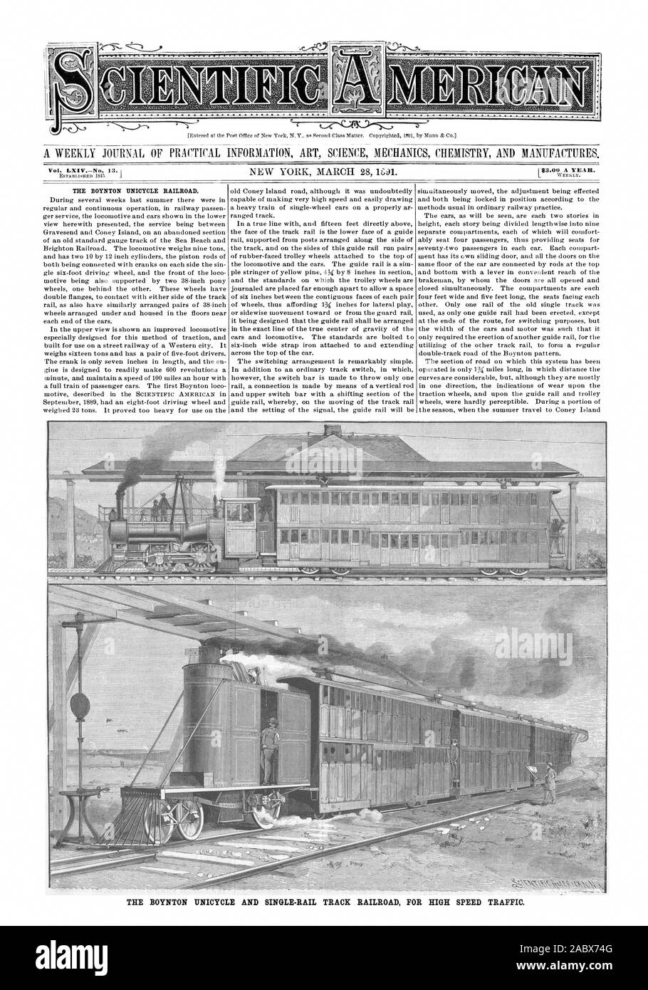A WEEKLY JOURNAL OF PRACTICAL INFORMATION ART SCIENCE MECHANICS CHEMISTRY AND MANUFACTURES. THE BOYNTON UNICYCLE RAILROAD., scientific american, 1891-03-28 Stock Photo