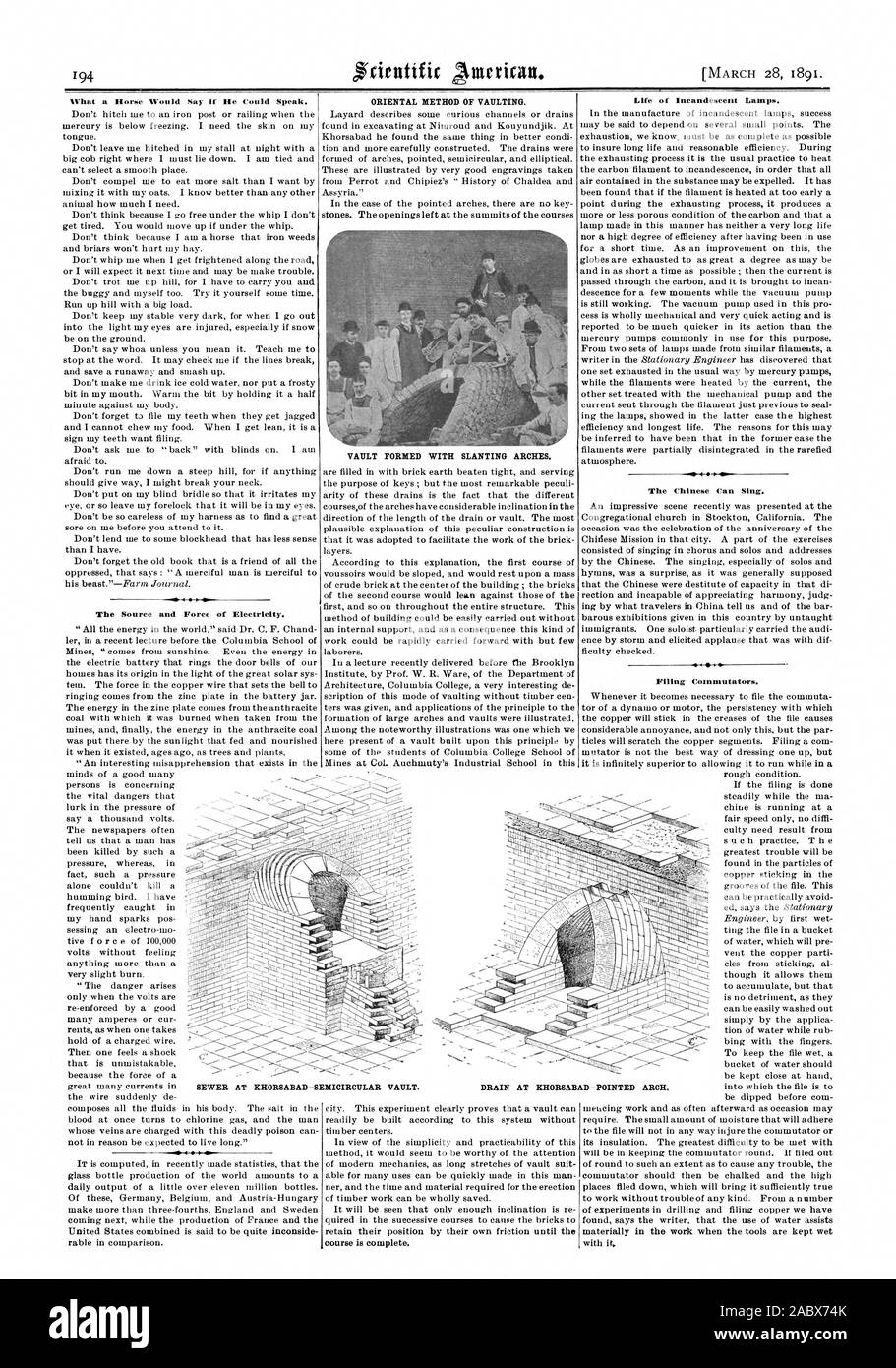 What a Horse Would Say if He Could Speak. The Source and Force of Electricity. ORIENTAL METHOD OF VAULTING. VAULT FORMED WITH SLANTING ARCHES. Life of Incandescent Lamps. The Chinese Can Sing. Filing Commutators. DRAIN AT KHORSABAD—POINTED ARCH. SEWER AT ICHORSABAD—SEMICIRCULAR VAULT., scientific american, 1891-03-28 Stock Photo