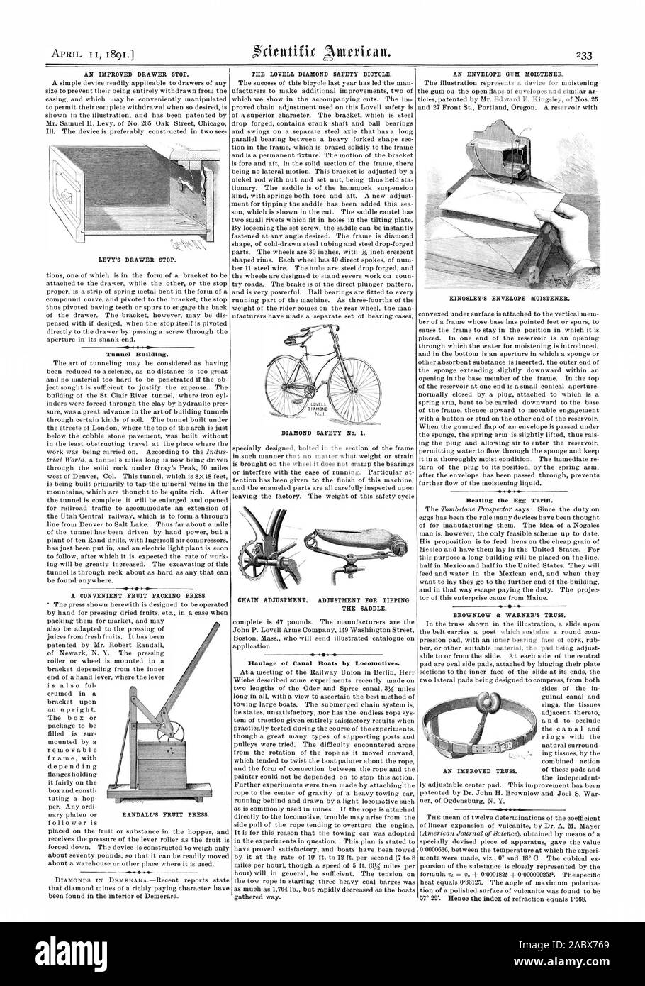 AN IMPROVED DRAWER STOP. LEVY'S DRAWER STOP. Tunnel Building. A CONVENIENT FRUIT PACKING PRESS. THE LOVELL DIAMOND SAFETY BICYCLE. DIAMOND SAFETY No. 1. CHAIN ADJUSTMENT. ADJUSTMENT FOR TIPPING THE SADDLE. Haulage of Canal Boats by Locomotives. AN ENVELOPE GUM MOISTENER. KINGSLEY'S ENVELOPE MOISTENER. Beating the Egg Tariff. BROWNLOW & WARNER'S TRUSS., scientific american, 1891-04-11 Stock Photo