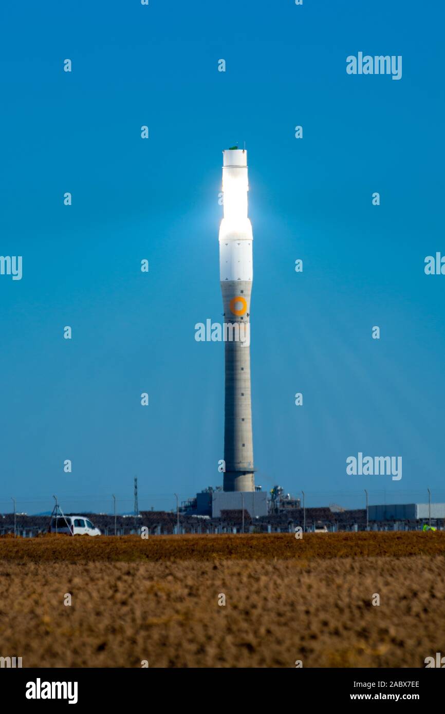 Fuentes de Andalucia in Spain, September 11, 2019, view on high futuristic tower on concentrated solar power plant in Andalusia, Spain Stock Photo