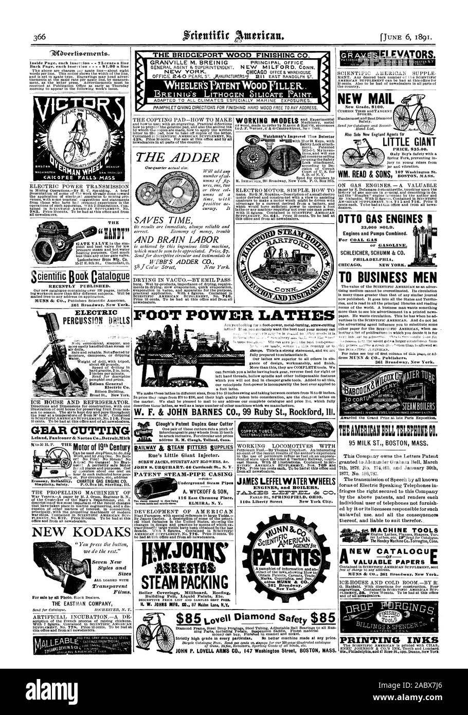 NCIOHNS MUMS STEAM PACKING Boiler Coverings Millboard Roofing Building Felt Liquid Paints Etc. ENGINES and BOILERS. WM. READ & SONS 107 Washington St. y BOSTON MASS. AMMIGANIZILIMPHOIL CO. NEW CATALOCUC —OF MUNN & Co. 361 Broadway New York. RECENTLY PUBLISHED. 361 Broadway. New York. 9-10verti9ements. ELECTRIC PERCUSSION DRILLS Water. Edison General Electric Co. THE GEAR CUTTING Leland Fauiconer & Norton Co.DetroitMich NEW KODAKS THE EASTMAN COMPANY THE 2IDDER Clough's Patent Duplex Gear Cutter JOHN S. URQUHART 46 Cortlandt St. N. Y. Underground Steam Pipes A. WYCKOFF & SON 6 East Chemung Stock Photo