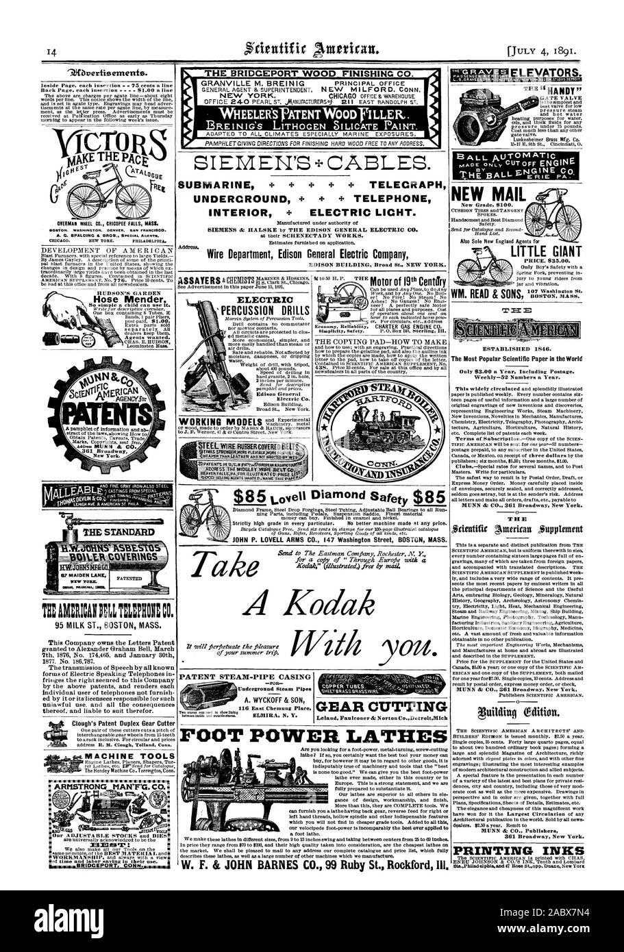SUBMARINE 4. TELECRAPH UNDERCROUND + 4. TELEPHONE INTERIOR + ELECTRIC LICHT. THE BRIDGEPORT WOOD FINISHING CO. BREINIG'S LITHOCEN SILICATE PAINT. S=EN'S + CABLES. ASSAYERS&CHEMISTS ELECTRIC PERCUSSION DRILLS A Kodak 9.0verfizemento. TEAM:2:7tIZIONC 95 MILK ST. BOSTON MASS. u P OSTON. WASHINGTON. CENSER. SAN FRANCISCO. thtI{E THE PAcE Hose Mender. The Most Popular Scientific Paper in the World PRINTING INKS THE'G R AV E S' ELEVATORS. GATE VALVE LITTLE GIANT PRICE. $35.00. WM. READ & SONS FOOT POWER LATHES PATENT STEAM-PIPE CASING Underground Steam Pipes GEAR CUTTING Leland Faulconer & Norton Co Stock Photo