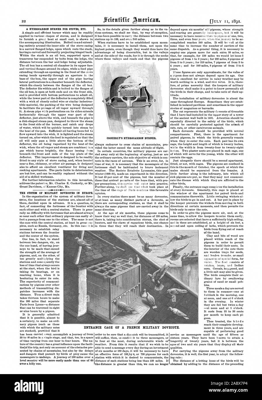 A HYDROCARBON BURNER FOR STOVES ETC. THE SYSTEM OF MILITARY DOVECOTES IN EUROPE. COOKERLY'S HYDROCARBON BURNER. ENTRANCE CAGE OF A FRENCH MILITARY DOVECOTE., scientific american, 1891-07-11 Stock Photo