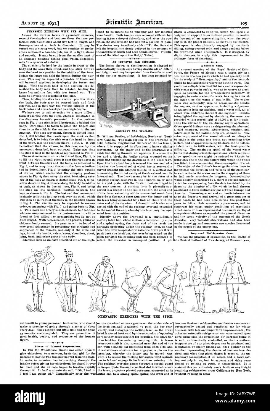 GYMNASTIC EXERCISES WITH THE STICK. AN IMPROVED CAR COUPLING. BENTLEY'S CAR COUPLING. A Science Ship. Improved Refrigerator Cars. GYMNASTIC EXERCISES WITH THE STICK. Power of Mental Impressions. outer end to a strong spiral spring the lower end of, scientific american, 1891-08-15 Stock Photo