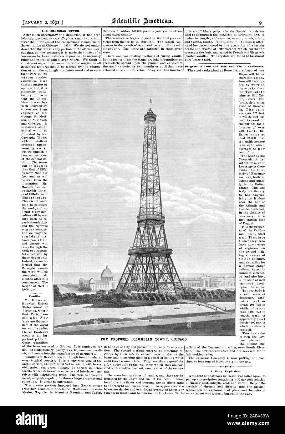 THE COLUMBIAN TOWER. Vanilla. Progress of Iron and Steel and Tin in California. A Drug Explosion. NI 1' 9 HE PROPOSED COLUMBIAN TOWER CHICAGO., scientific american, 1892-01-02 Stock Photo