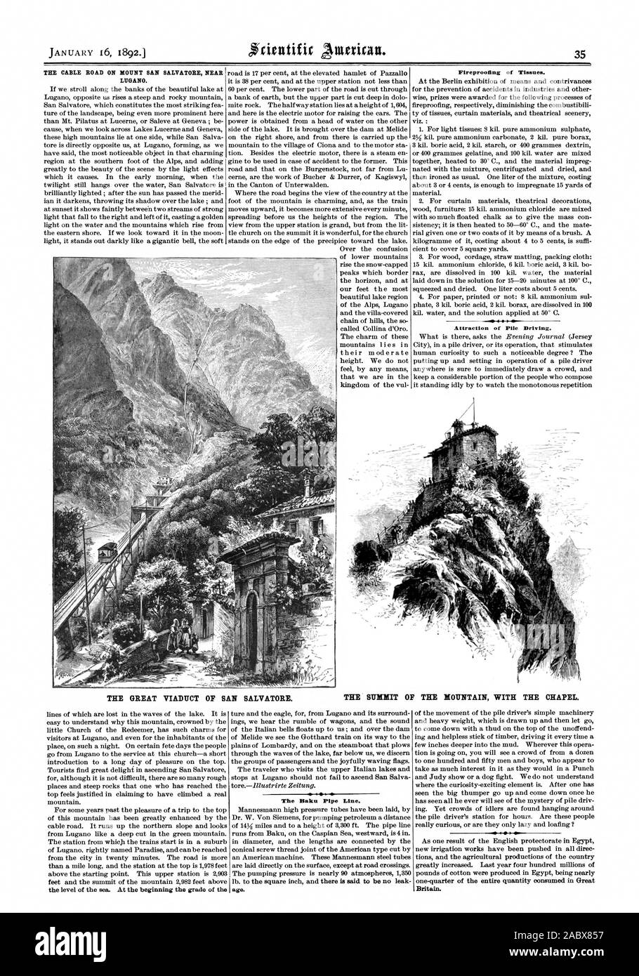 THE CABLE ROAD ON MOUNT SAN SALVATORE NEAR LUGANO. Fireproofing of Tissues. Attraction of Pile Driving. THE GREAT VIADUCT OF SAN SALVATORE. THE SUMMIT OF THE MOUNTAIN WITH THE CHAPEL. The Baku Pipe Line. age. Britain., scientific american, 1892-01-16 Stock Photo